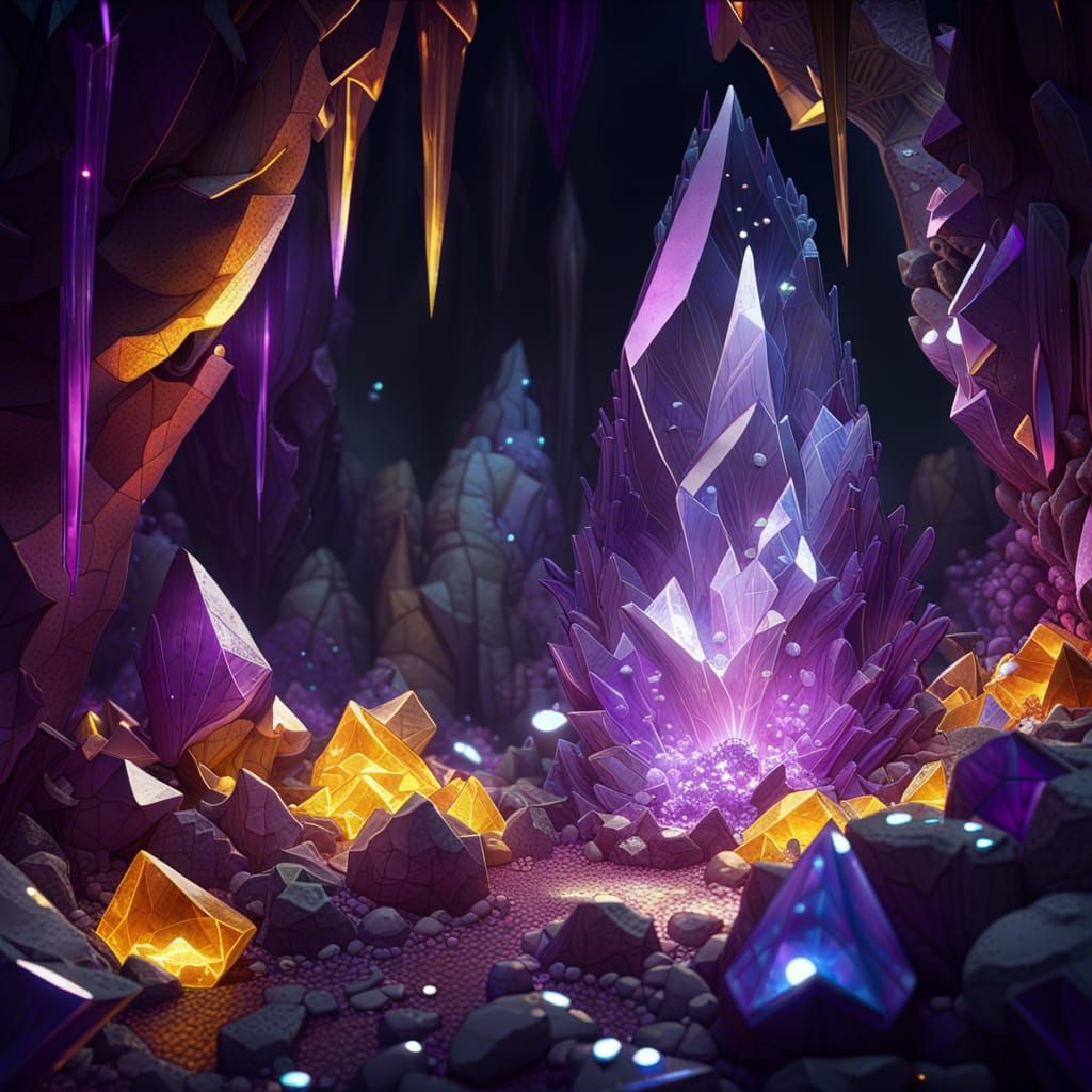 Crystal cave with shiny glistening diamond like crystals and bubble