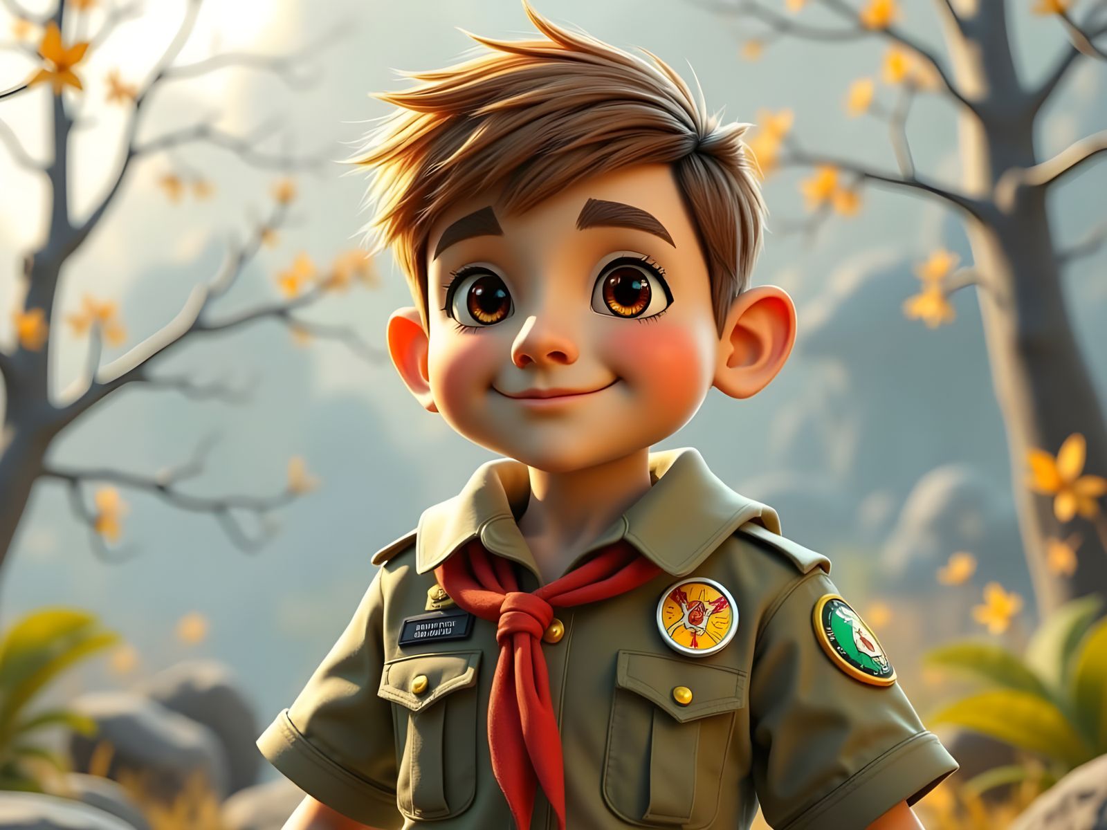 Vibrant CGI cartoon boyscout, dressed in his boyscout uniform, with intricate textures and lighting, inspired by the stylized realism of Pix...