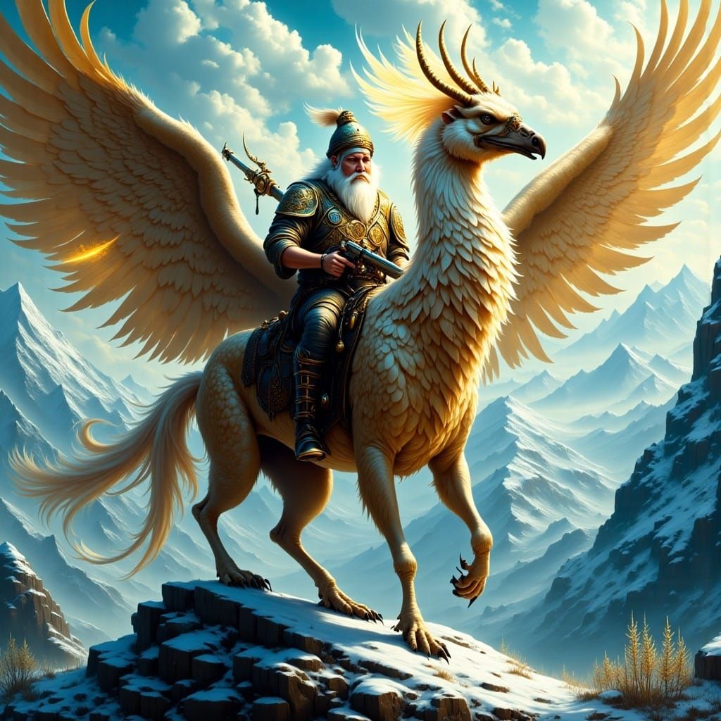 <lora:Inconceivable Flux:1.0>  A dwarf with a cool steampunk gun riding a griffin through mountain skies, lens flare