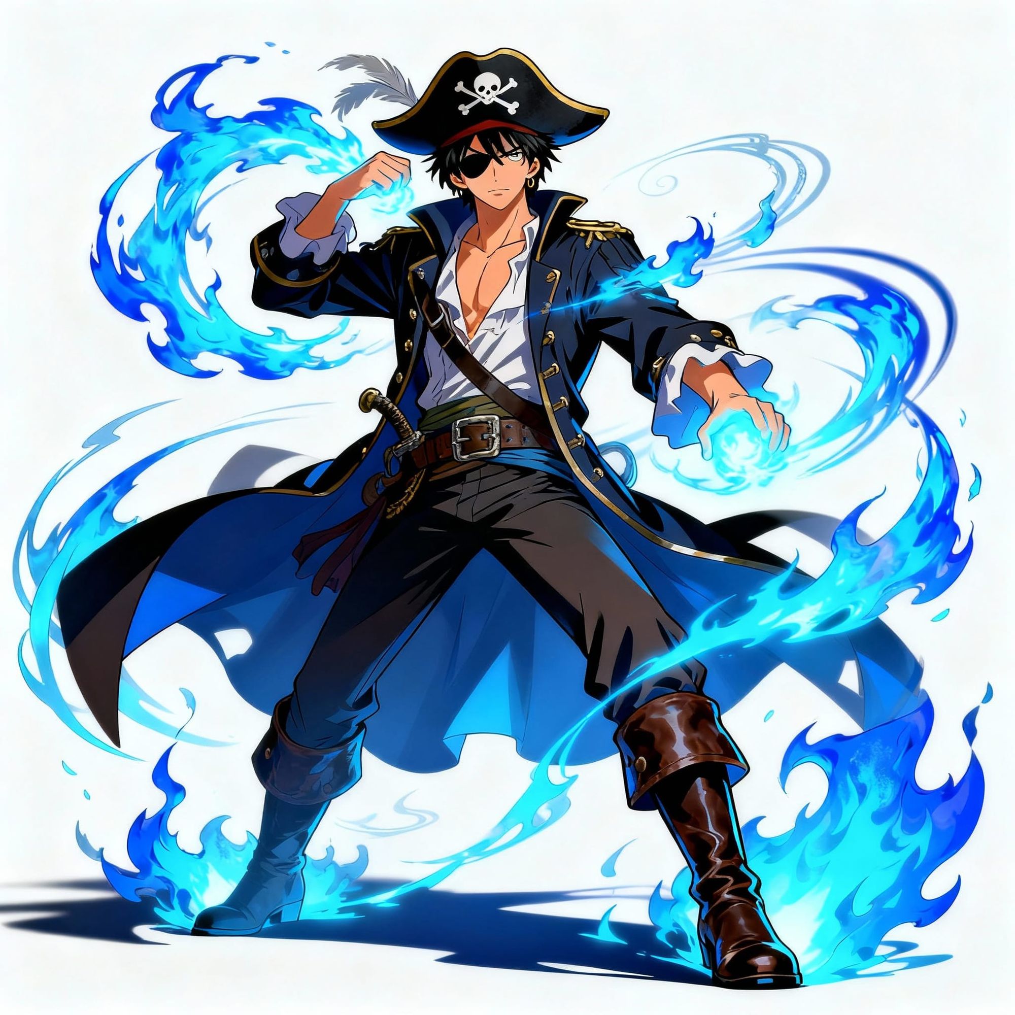A tall man of about 20 years. He wears typical pirates clothing, and has black hair, blue fire swirls around him