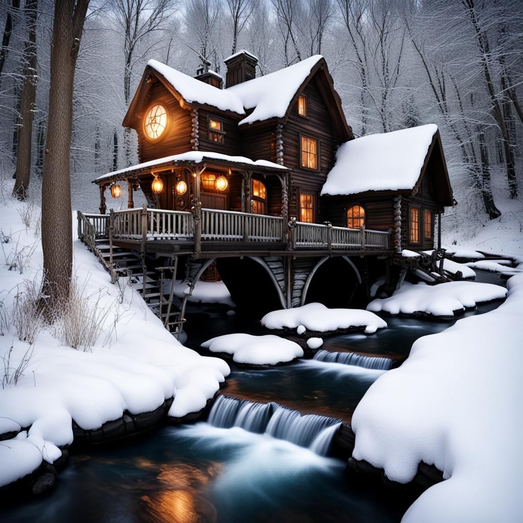 Steampunk winter wonderland beautiful stream near cabin 