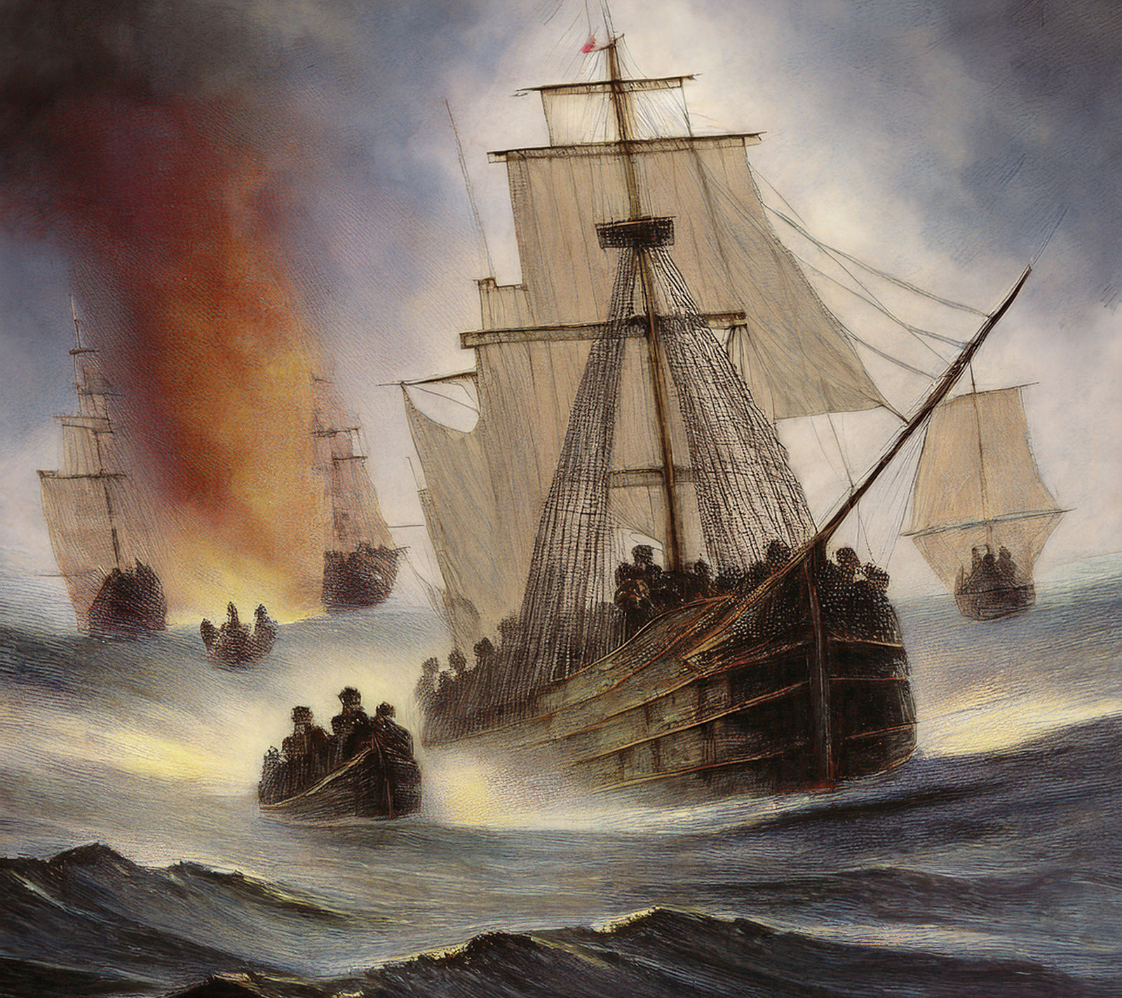 Watercolor of the Battle of Chesapeake Bay