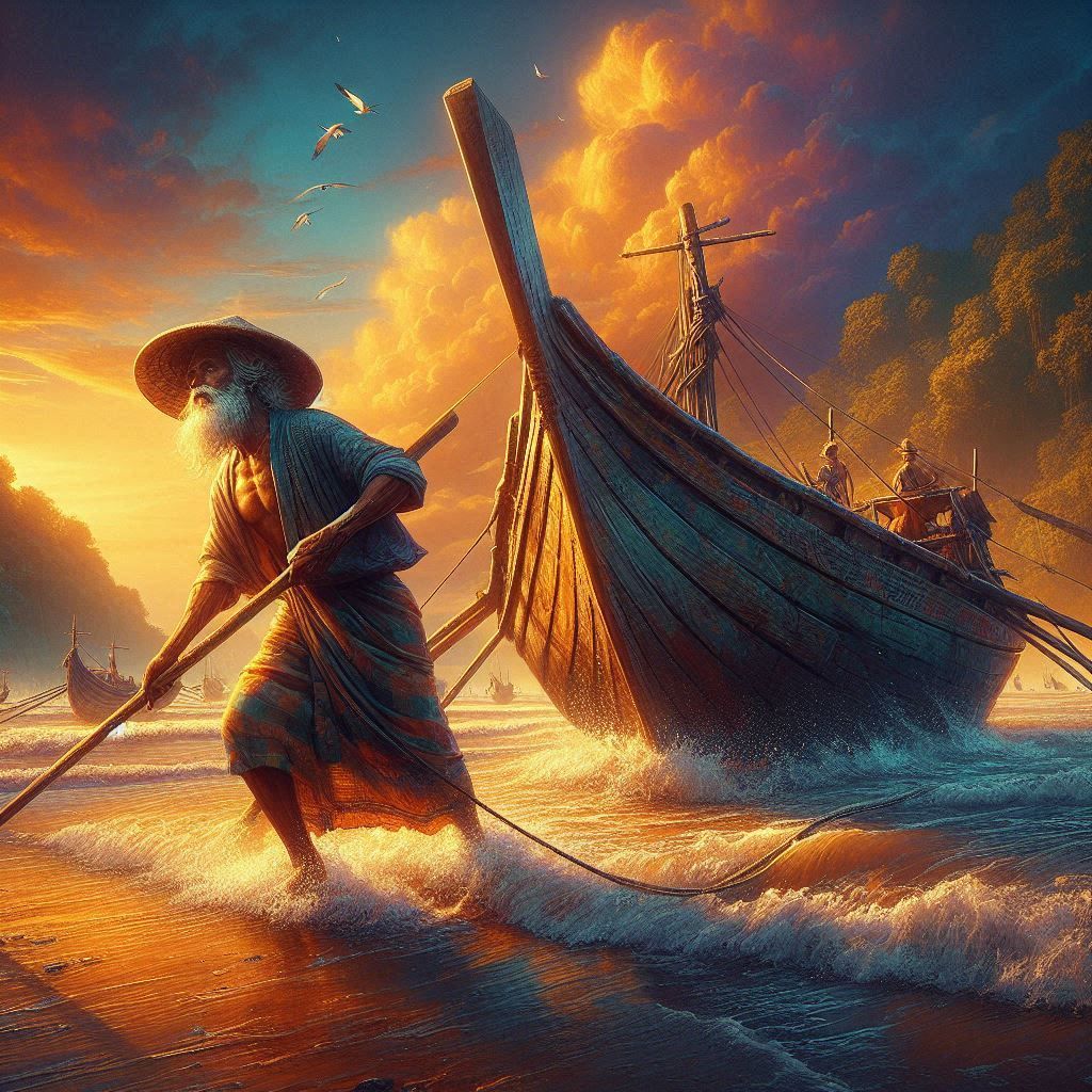 Fisherman pulling his Boat on the Shore of the Brahmaputra-B...