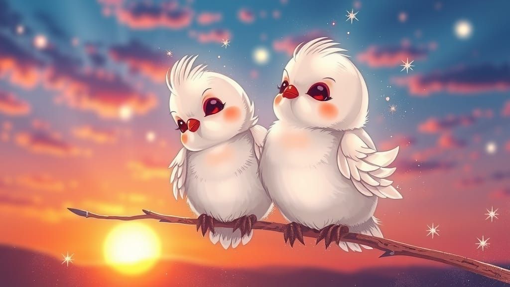 Whimsical Chibi Doves in Sunset Glow