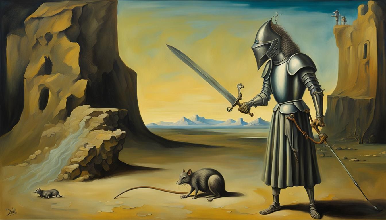 Ancient knight with a rat head wawing with a sword