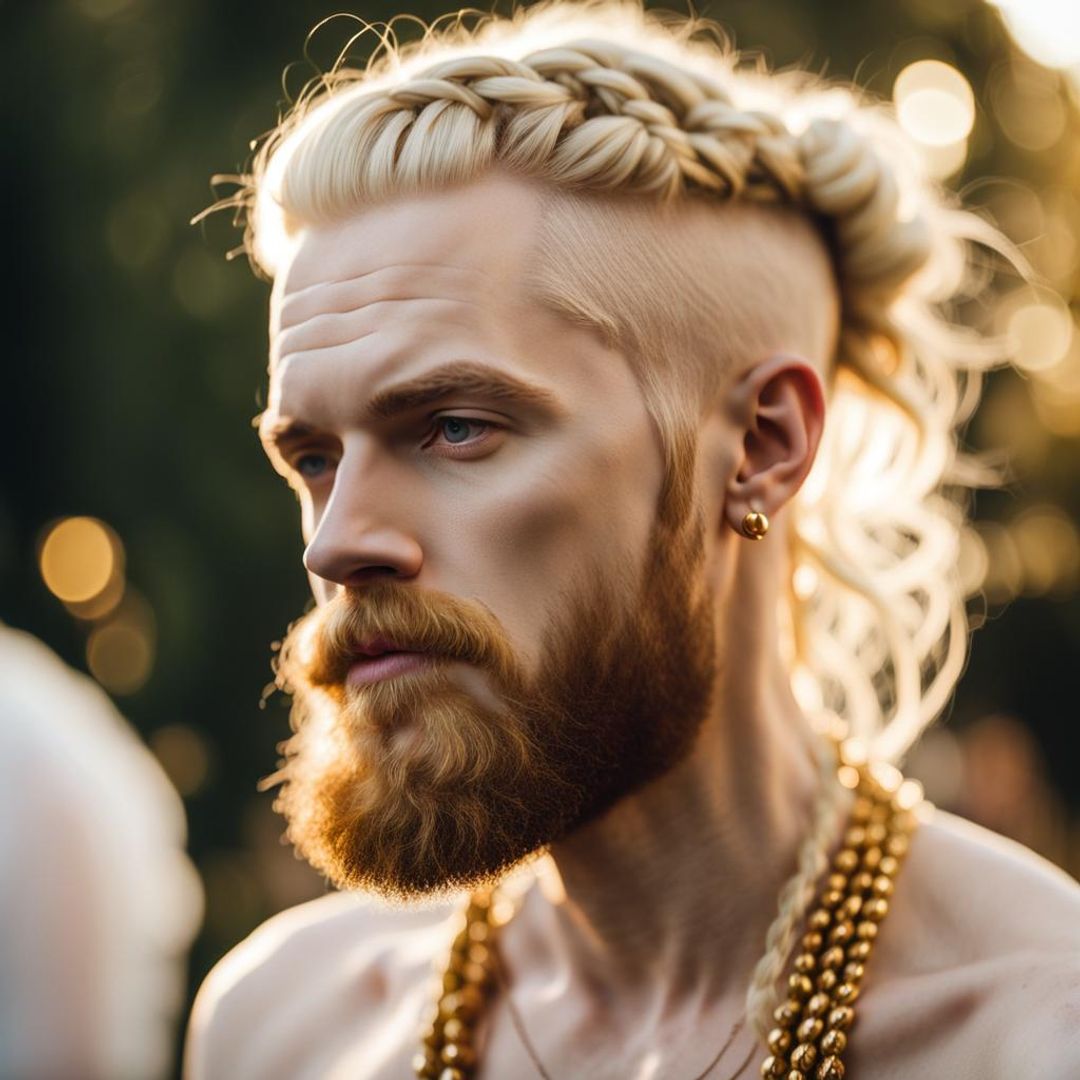 Handsome bearded hipster albino man, extremely marble-white pale skin ...