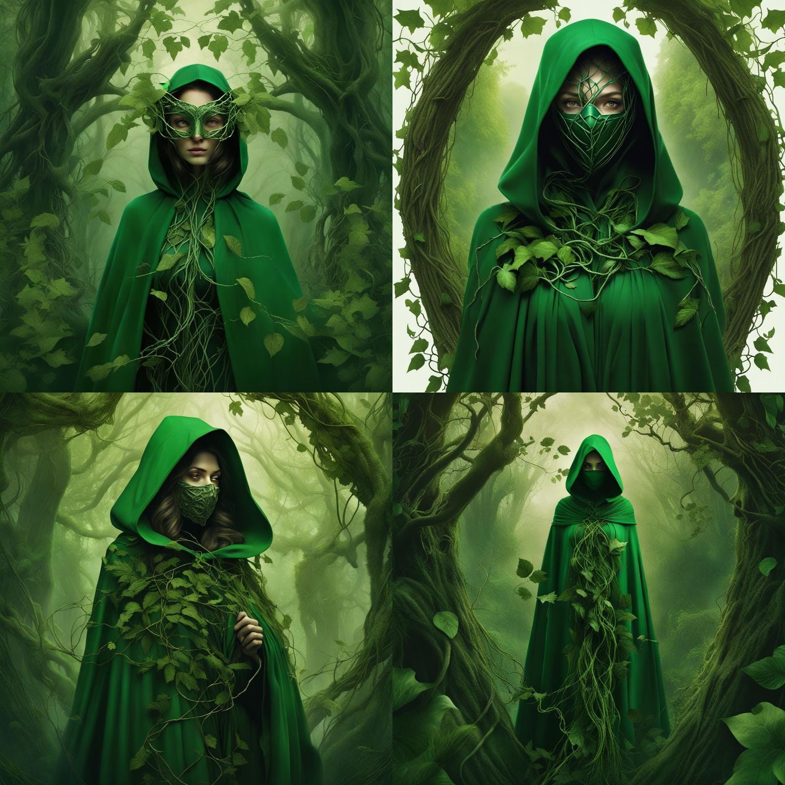 a woman in green travelling clothes and cloak, her face is c...