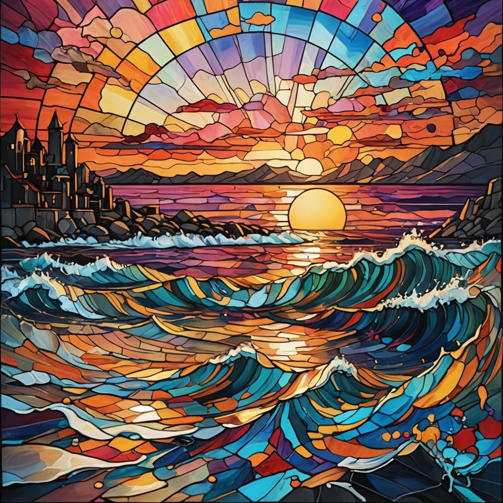 Stained glass sunset by the sea