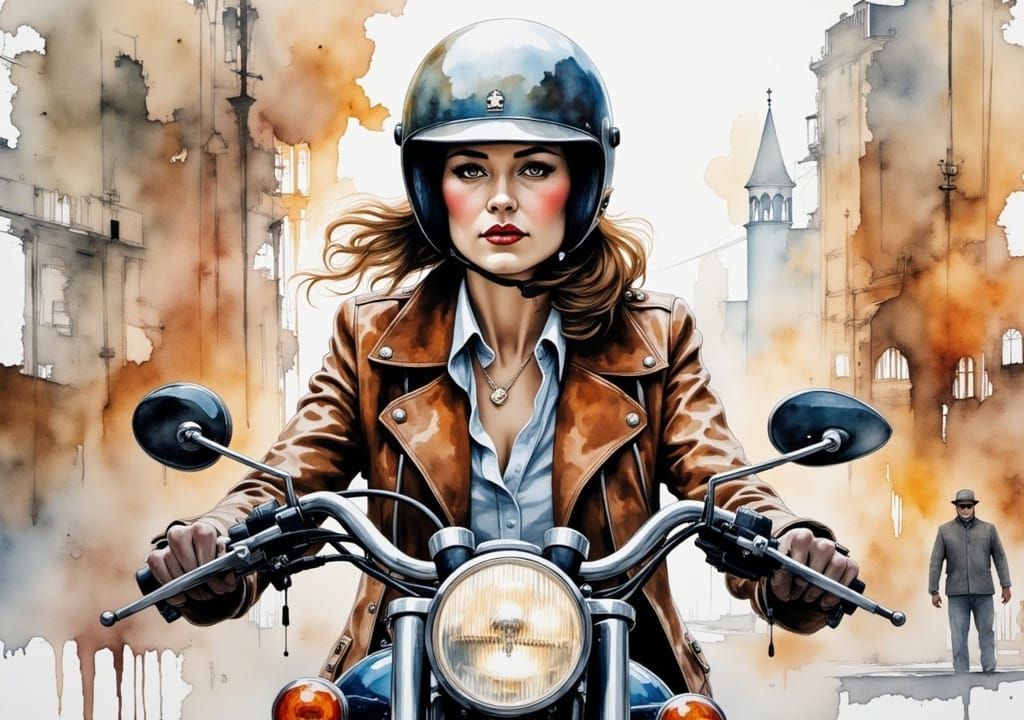 <lora:Watercolor Flux:1.0> Soft textured watercolor centered joyful portrait of a beautiful mature lady wearing an helmet riding a motorcycl...