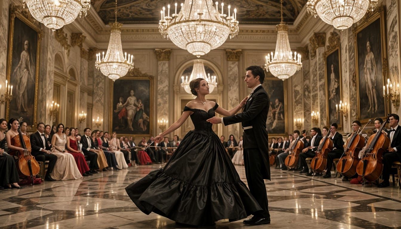 In a Victorian ballroom, enormous crystal chandeliers hang from the ceiling, their light reflecting off the marble floor like a sea of golde...