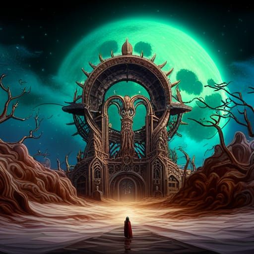 Biomechanical eldritch horrors looming in front of the moon ...