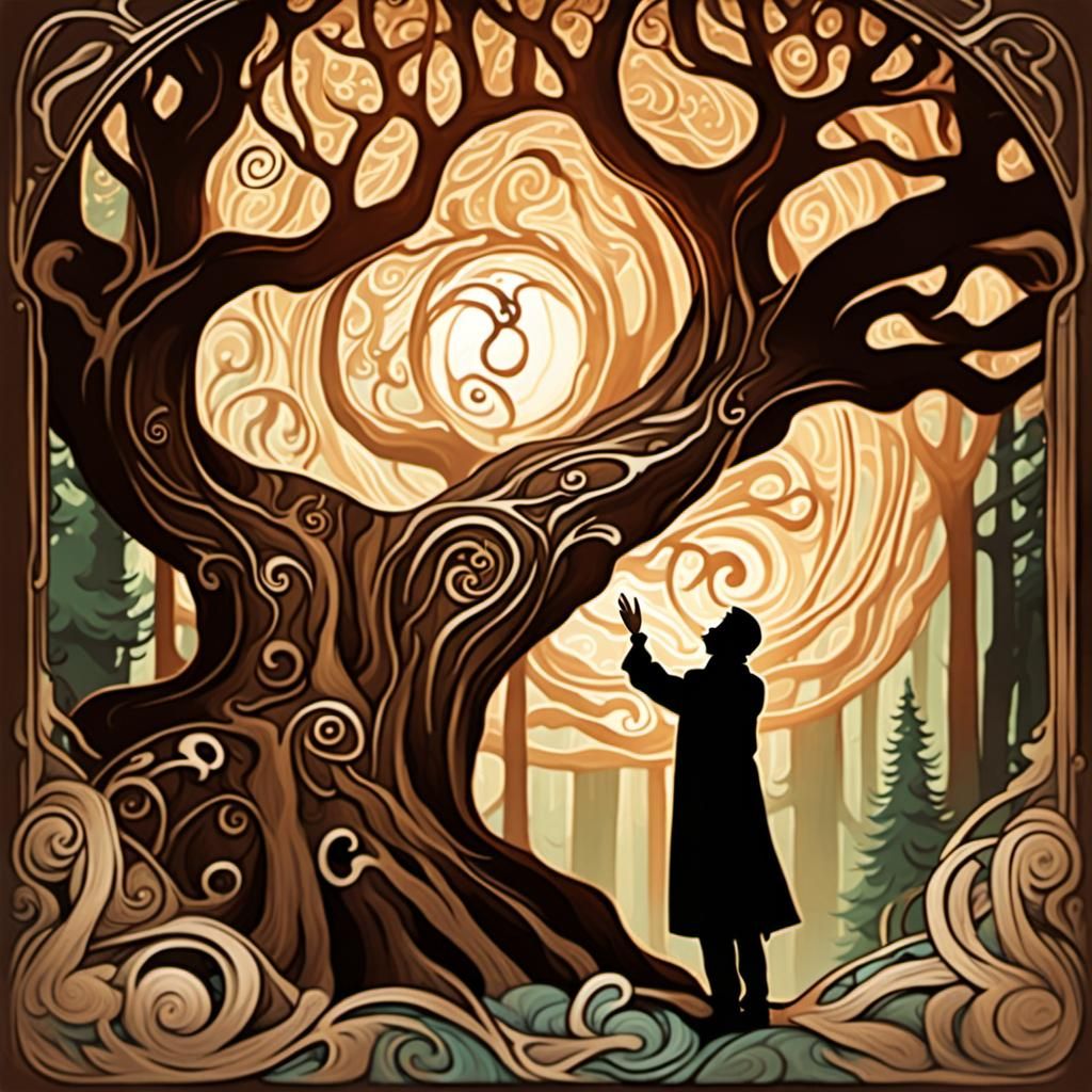 A person knocking on an ancient wooden tree in a magical for...