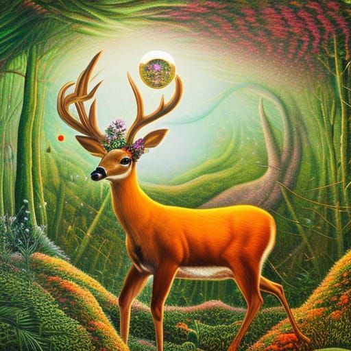 woman-deer hybrid on stargazing platform with rotating spher...