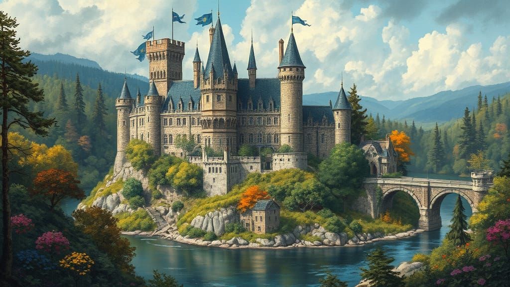 Majestic Camelot Village Kingdom in Vibrant Oil Painting Sty...