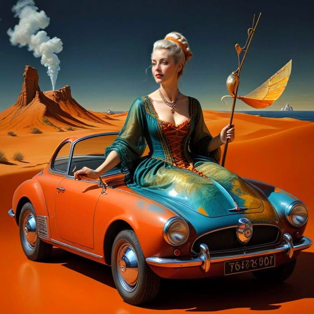 Eccentric Lady in Vibrant Surrealistic Scene