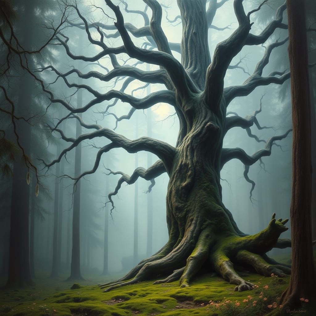 Ancient Tree in Mystical Forest Landscape