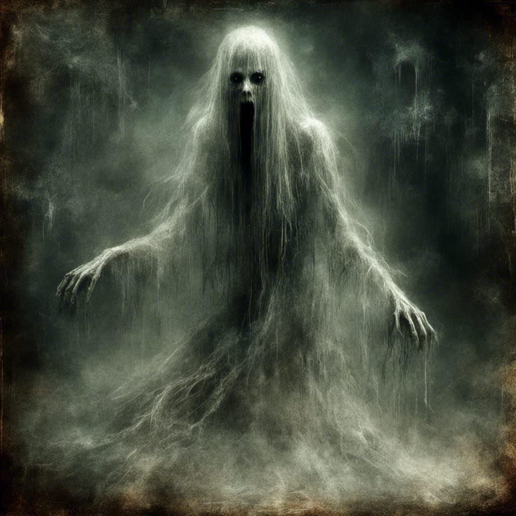 <lora:Ghostly Spirit:1.0> The ghostly spirit of a demonic old witch hag depicted using gritty textures