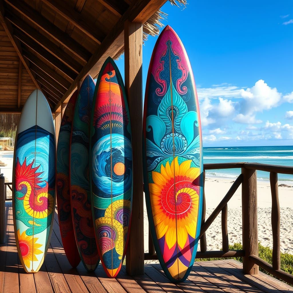Several surf boards  with vibrant  multi-colored beautiful  designs on them leaning against a wooden ...  by @Oma