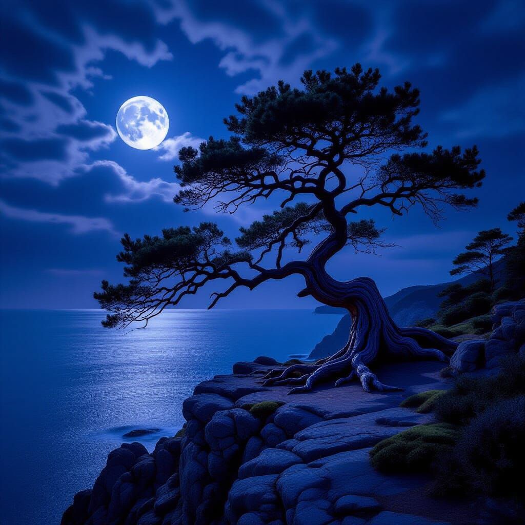 A solitary, ancient oak tree standing sentinel on a windswept cliff edge, its gnarled, twisted branches clawing toward a twilight sky streak...