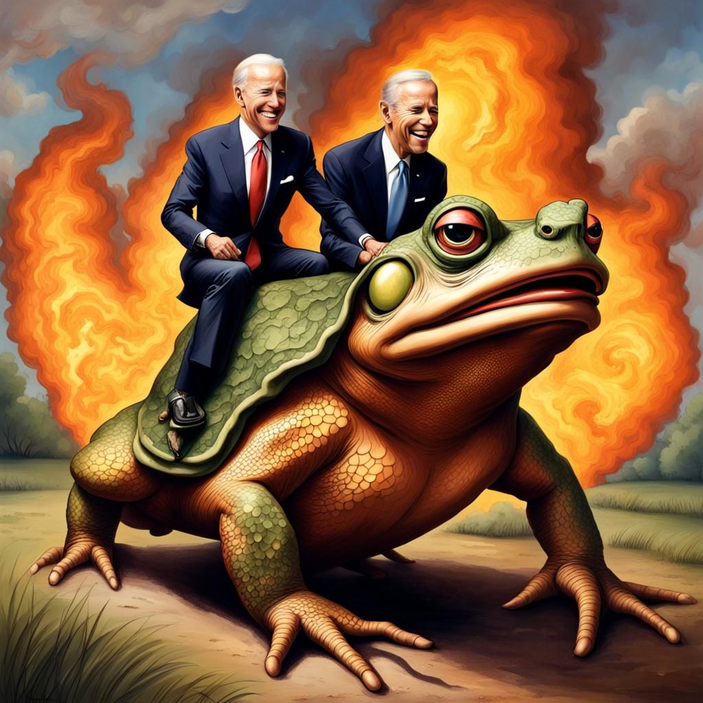 Joe Biden, and Barack Obama riding a 2-headed giant toad bre...