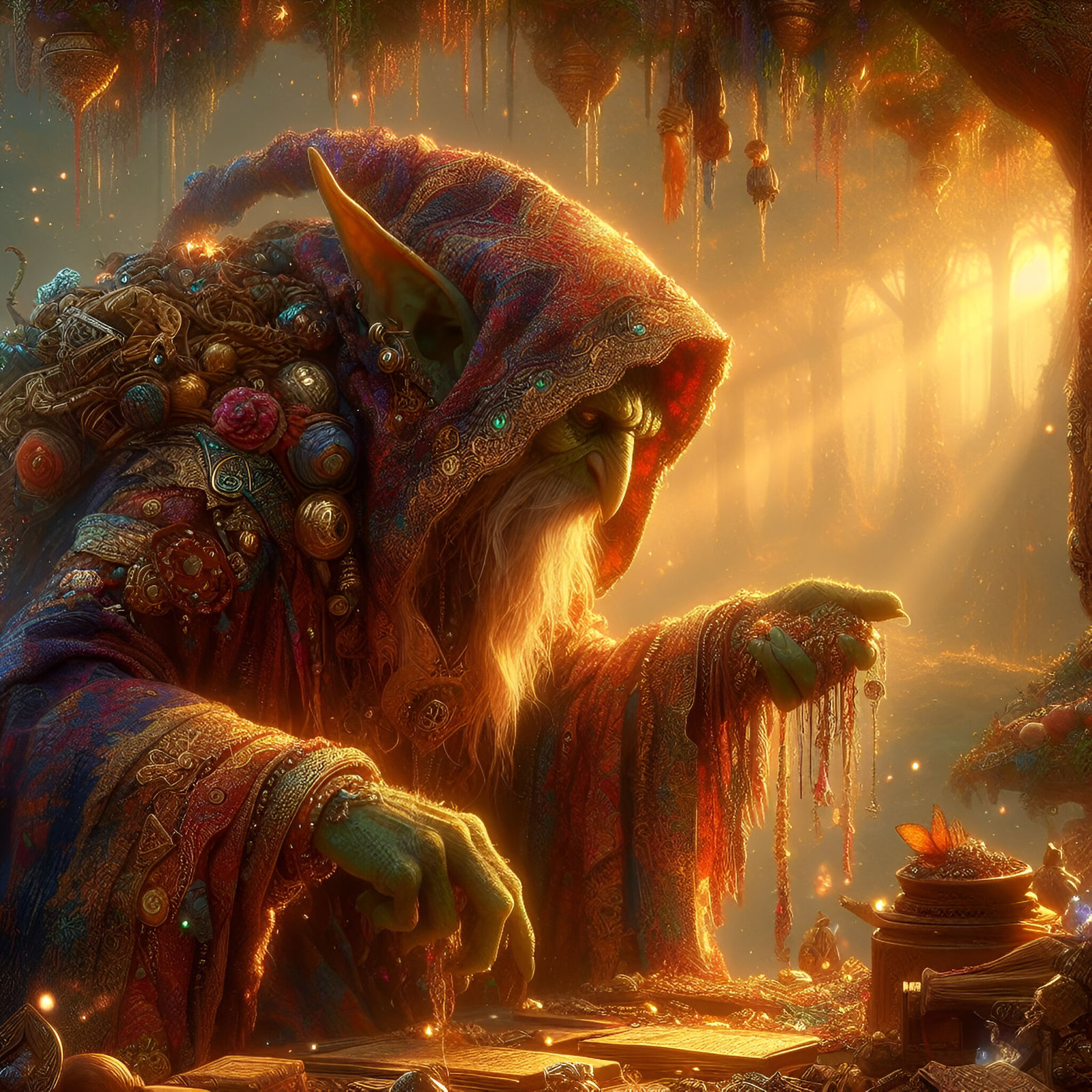 Cloaked Goblin Merchant in deep enchanted forest