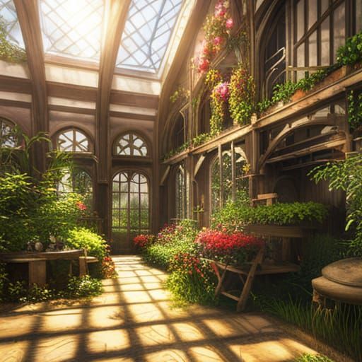 exterior view of quaint greenhouse garden sunlight, medieval, fantasy ...