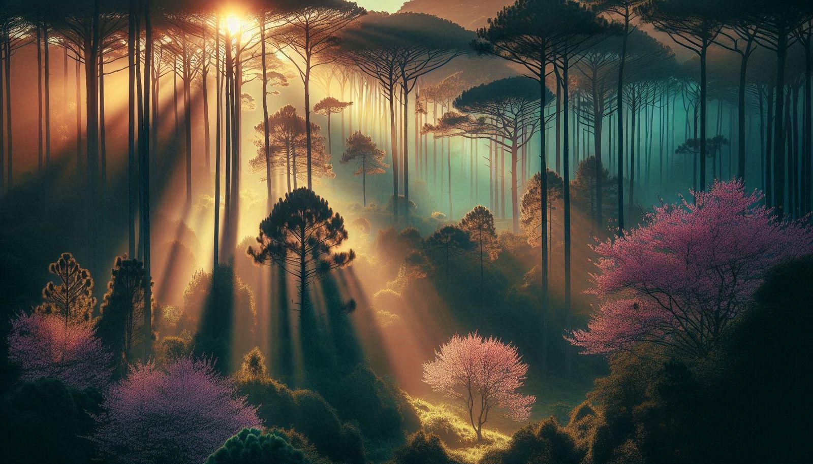 A majestic and mesmerizing painting of a sunlit forest, with...