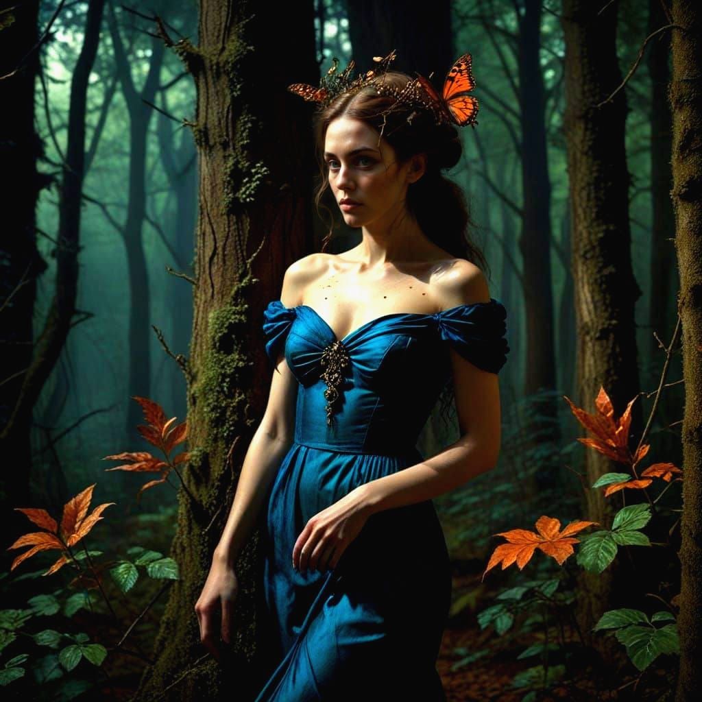 Ethereal Lady in a Haunting Twilight Forest