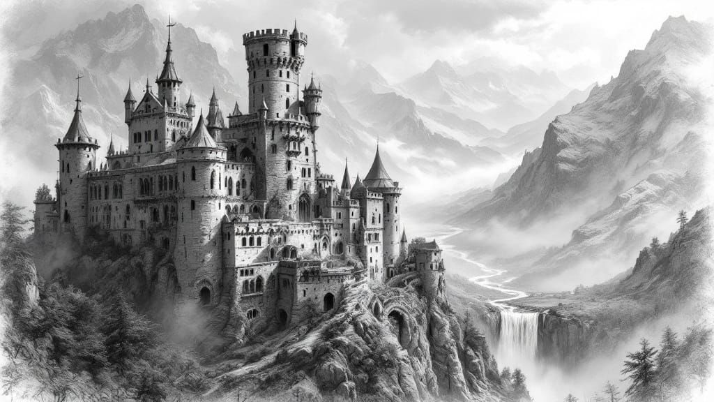 A  pencil and charcoal type sketch of a huge, run down and collapsing abandoned castle on top of a hill looking over a vast mountain valley....