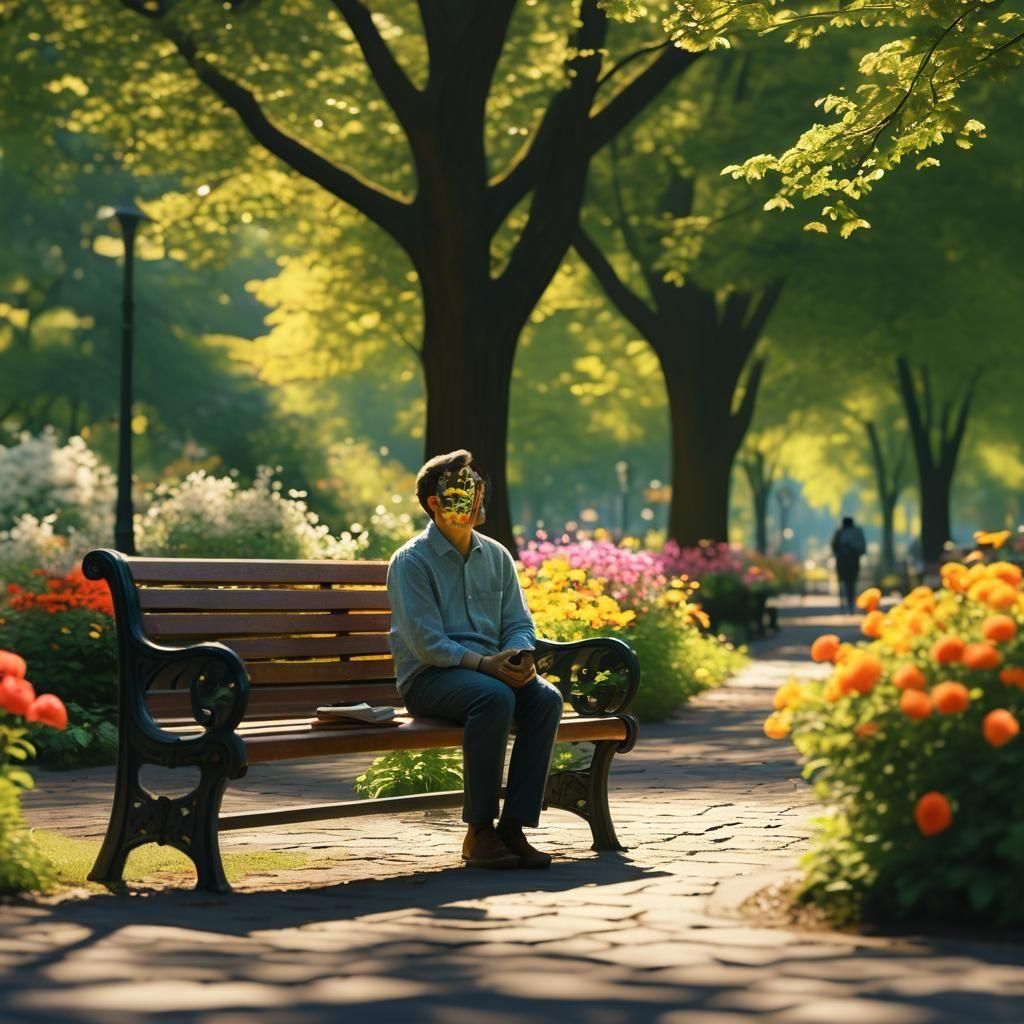 Park bench downtown in a garden city park with trees and flowers intricate details, HDR, beautifully shot, hyperrealistic, sharp focus, 64 m...