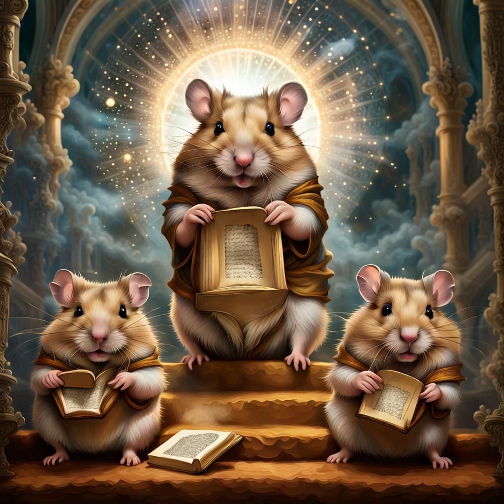Regal, divine hamsters with glowing halos, sacred texts in t...