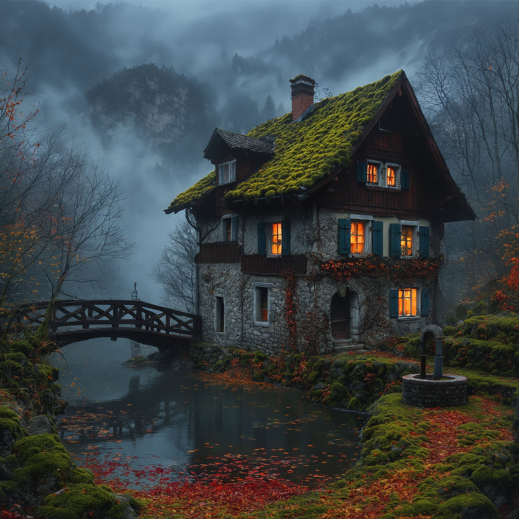 A ornate Swiss Chalet with a moss-covered roof