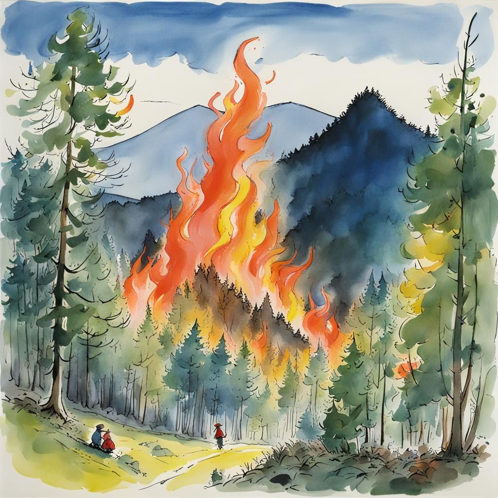 A forested mountain on fire