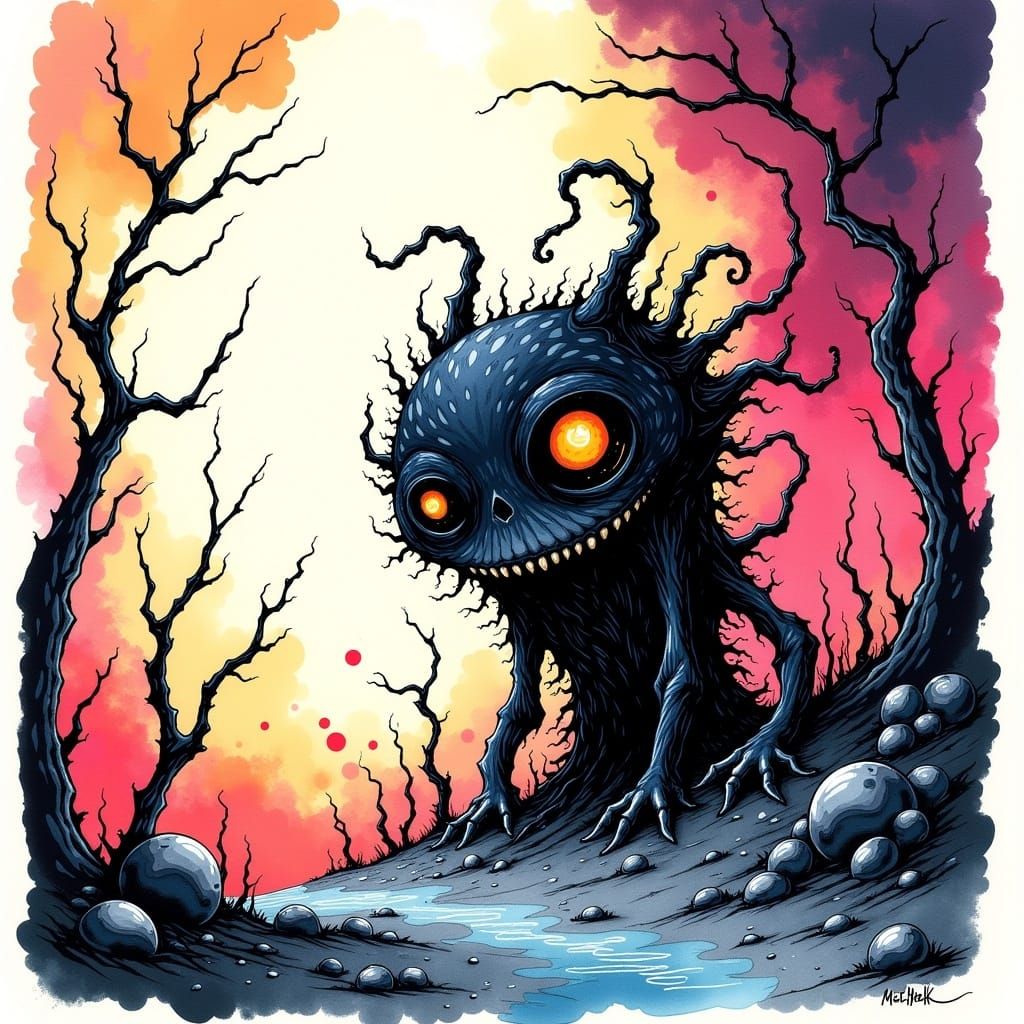 Epic Cute Creature in a Whimsical Alien Landscape: by Twisted Ink & Tim Burton: (Water-ink:1.3), reminiscent ...  by @HisBride