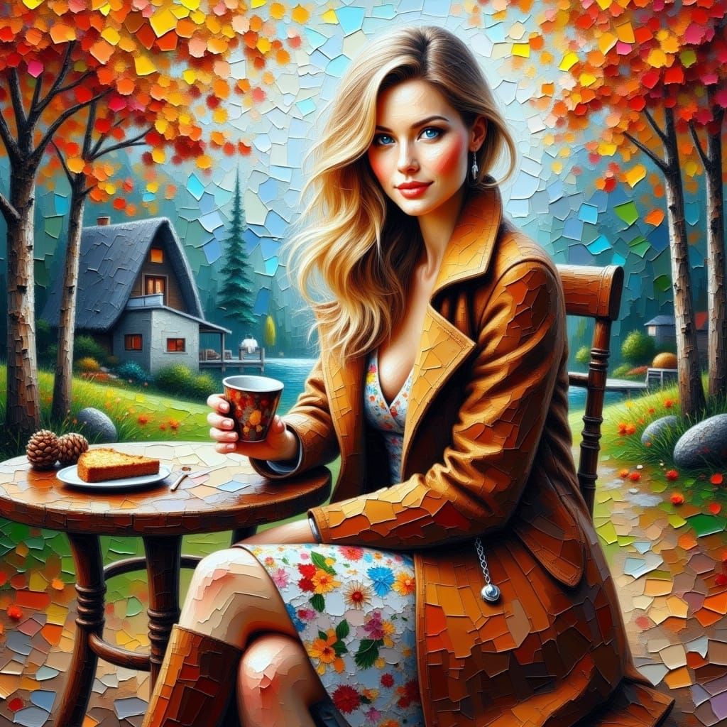 Expressionist impasto close-up painting from a low angle of an adult woman. She has beautiful blue eyes and wears a long Brown coat, a flowe...