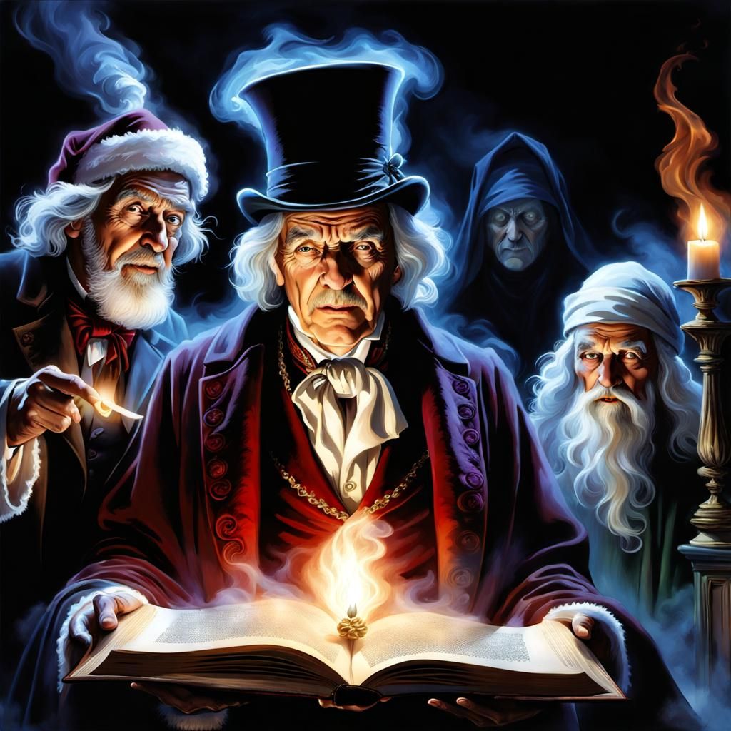 Ebenezer Scrooge with the Ghosts of Christmas Past, Present, and Future from A Christmas Carol  by @Heathen