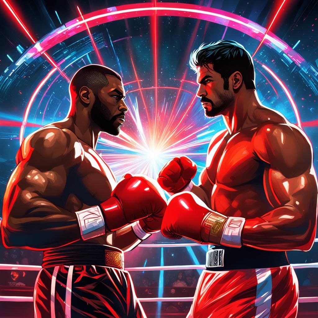 2100, futuristic fighting ring, two handsome boxers with neo...