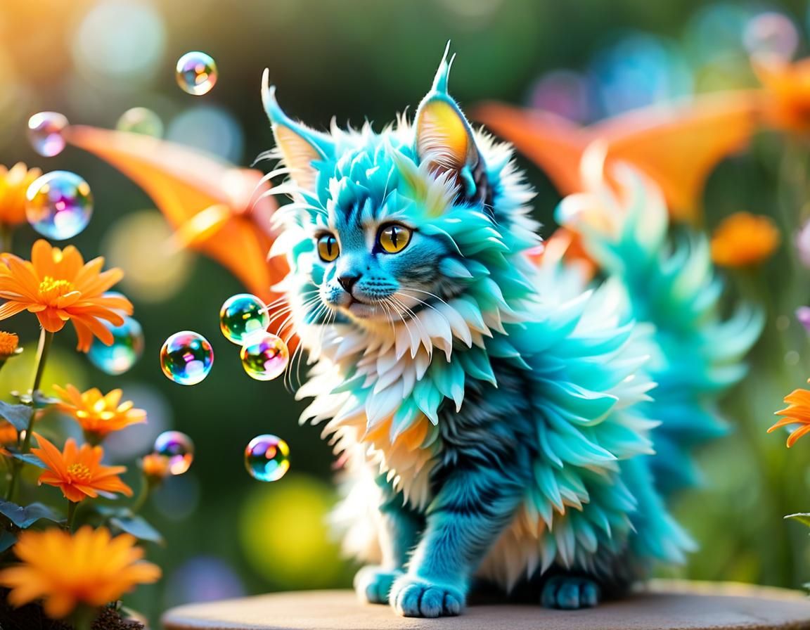 ""tiny hybrid cat dragon (fluffy furr and wings:1.3), teal, ...