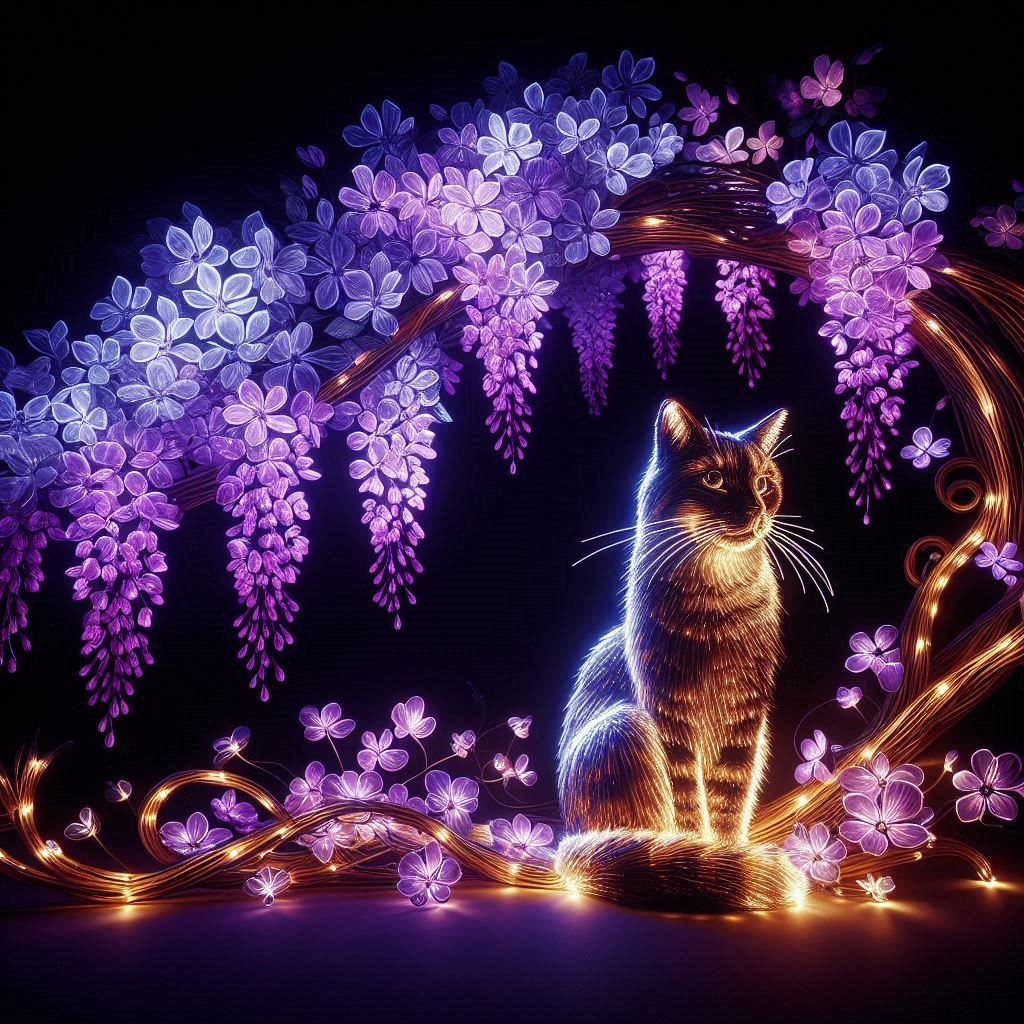 made of light. Wisteria and a cat.