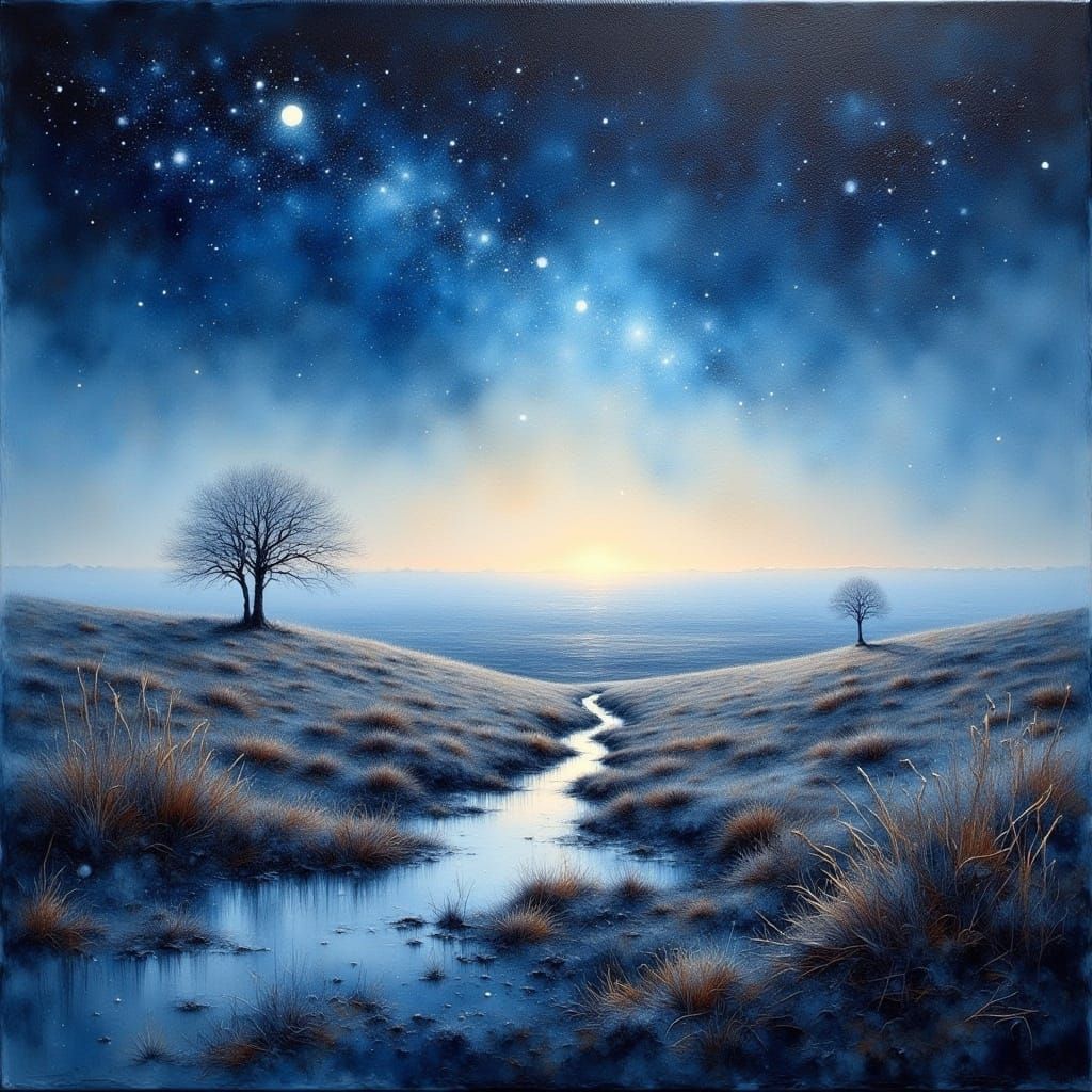 <lora:Oil and Glory Flux:1.0>  Thick textured Impasto oil painting.  bleak frozen moor viewed from a high hill . Moment before dawn pale glo...