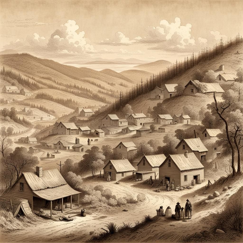 small settlement below a wooded hill, american west, circa 1858, historical drawing, sepia