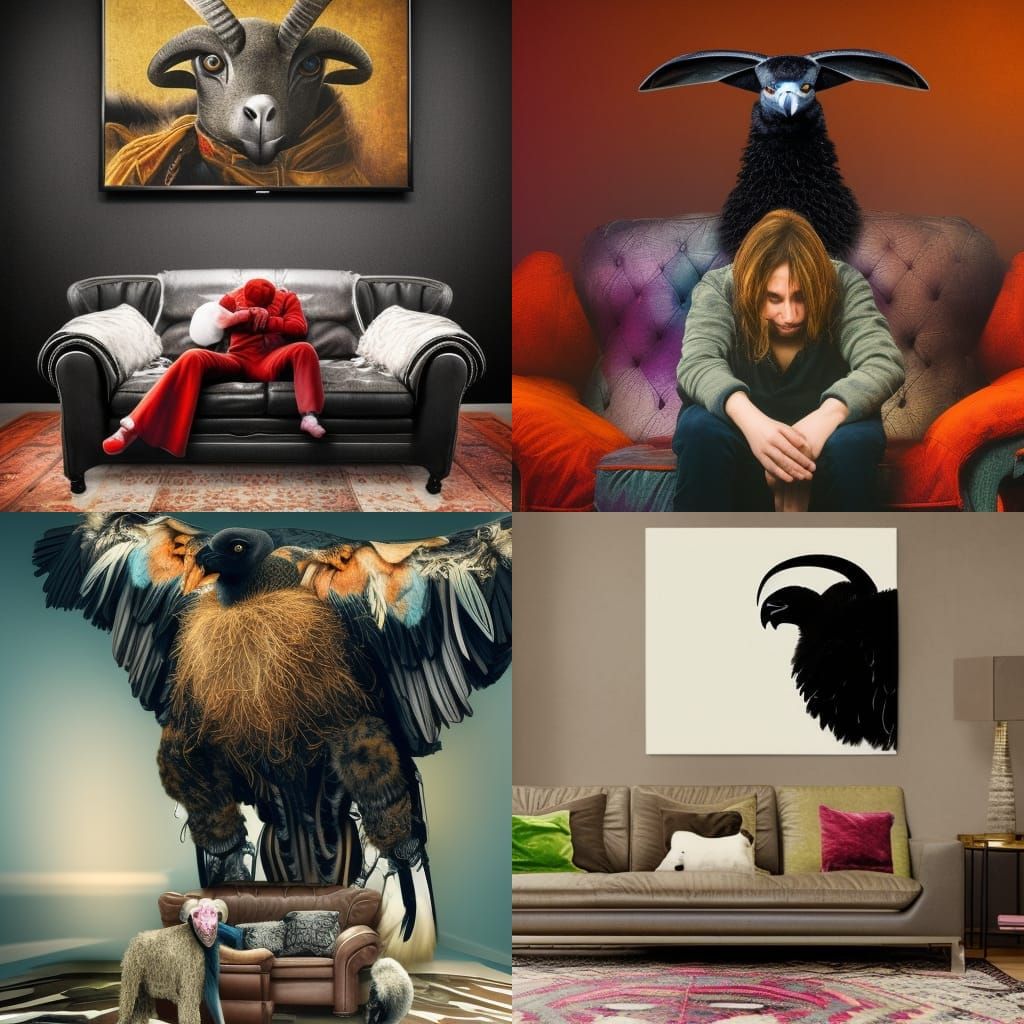 Vulture and Black Sheep on Sofa: Hyperrealistic Concept Art