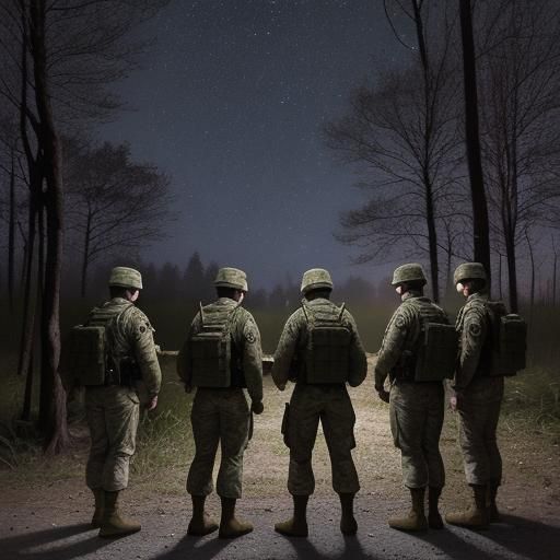 An squad of soldiers looking into the woods at night.