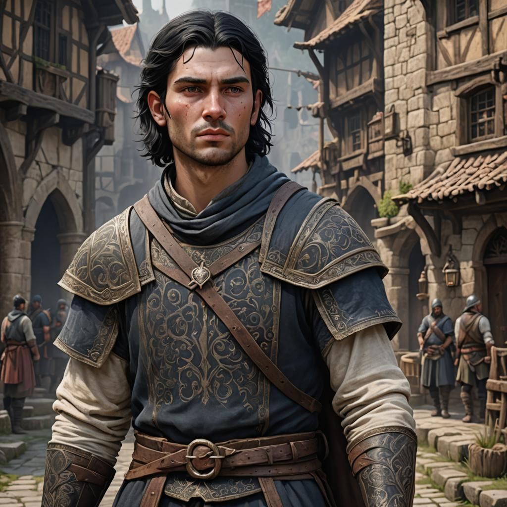 young medieval male human villager with pale skin and black ...