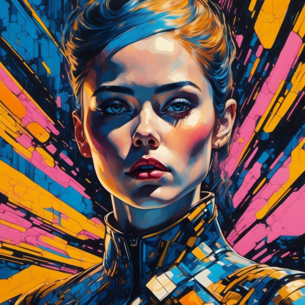 <lora:Dark Depiction:1.0> The Best  Portrait art , retro futurism, dark details, blue and black and yellow and orange and pink and white dee...