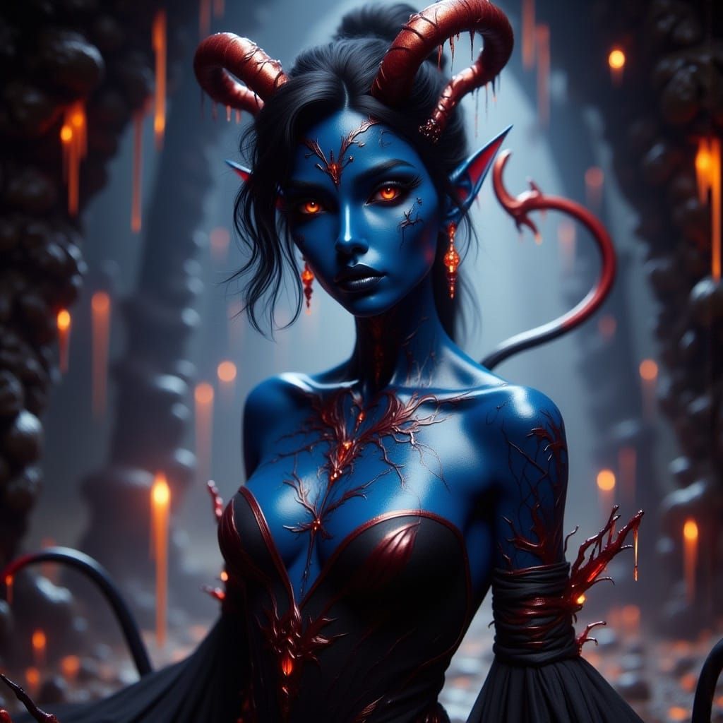 <lora:Drow Flux:1.0>light blue skinned demon drow with curved, sharp devil horns protruding from her forehead, a lengthy, slender tail flowi...