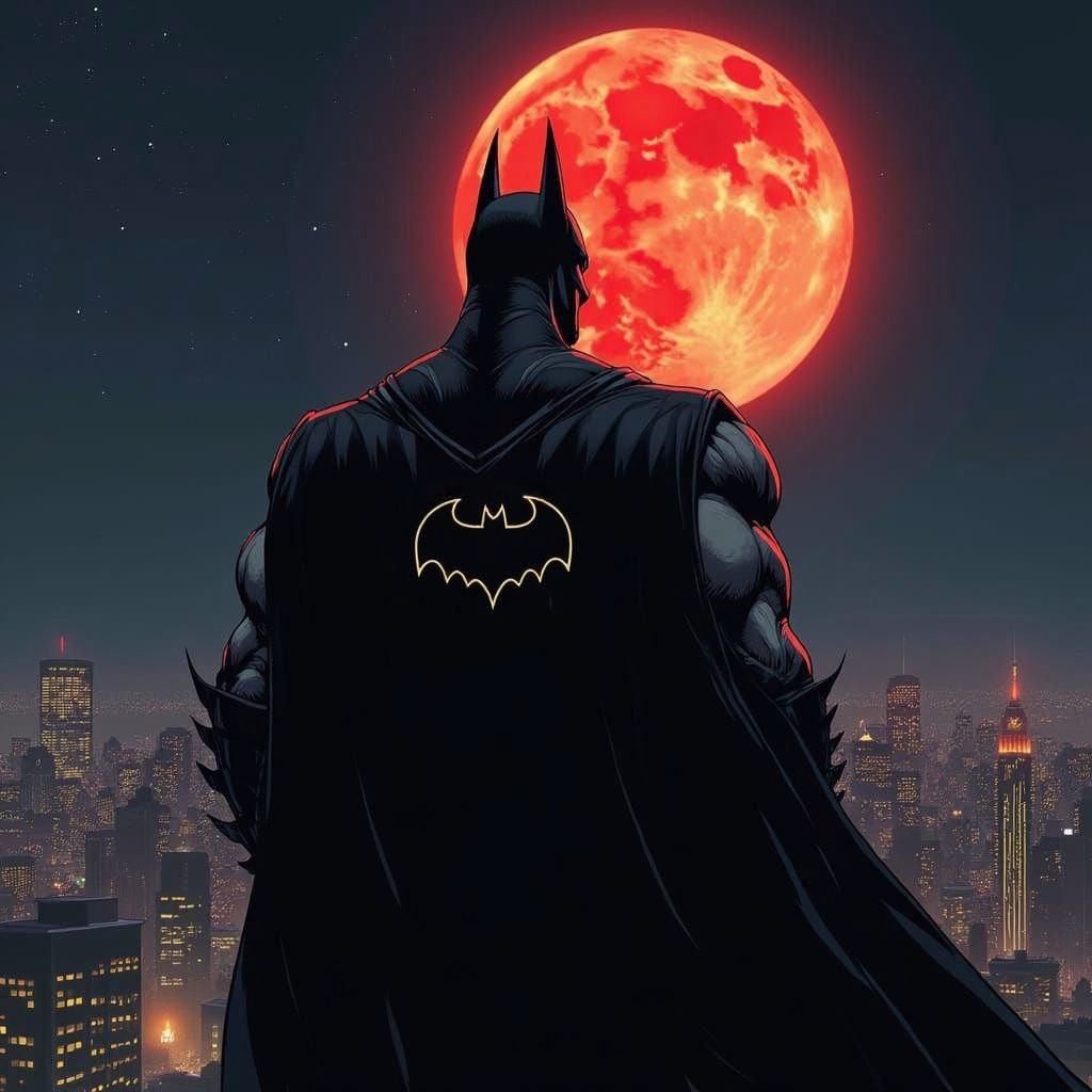 Batman massive bodybuilder muscles black armored suit watching over the city red quarter moon dark night