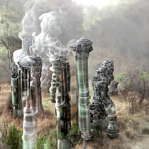 Shiny misty detailed entropic hallucinatory pillars and smok...