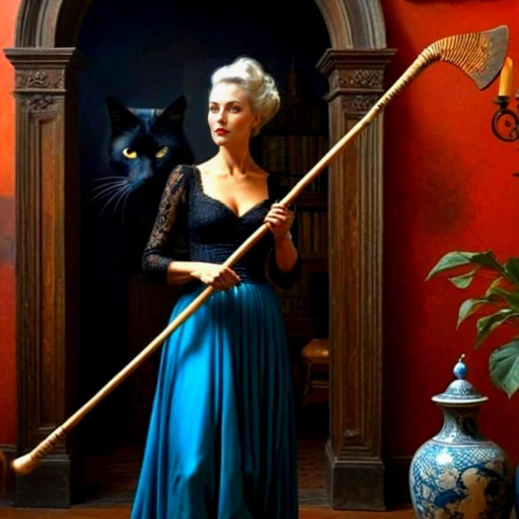 Ethereal Lady Wields Hockey Stick in Vibrant Surreal Scene