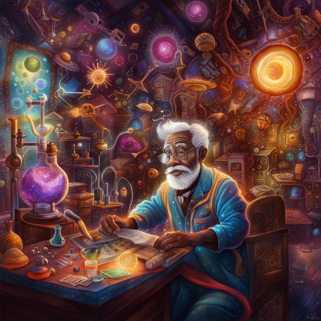 Nutty professor in his elaborate science lab: working gleefully.   by @Bobbles52